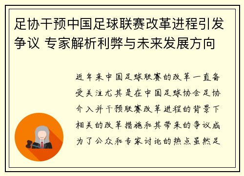 足协干预中国足球联赛改革进程引发争议 专家解析利弊与未来发展方向