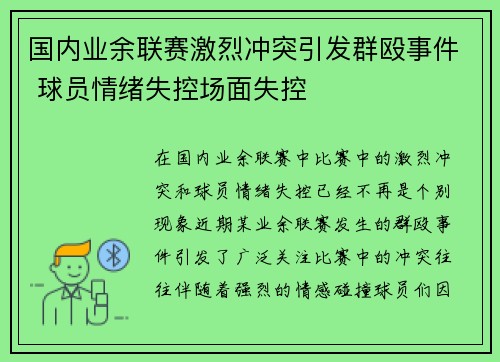 国内业余联赛激烈冲突引发群殴事件 球员情绪失控场面失控
