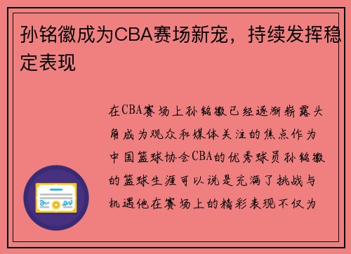 孙铭徽成为CBA赛场新宠，持续发挥稳定表现