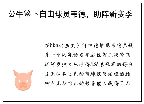 公牛签下自由球员韦德，助阵新赛季